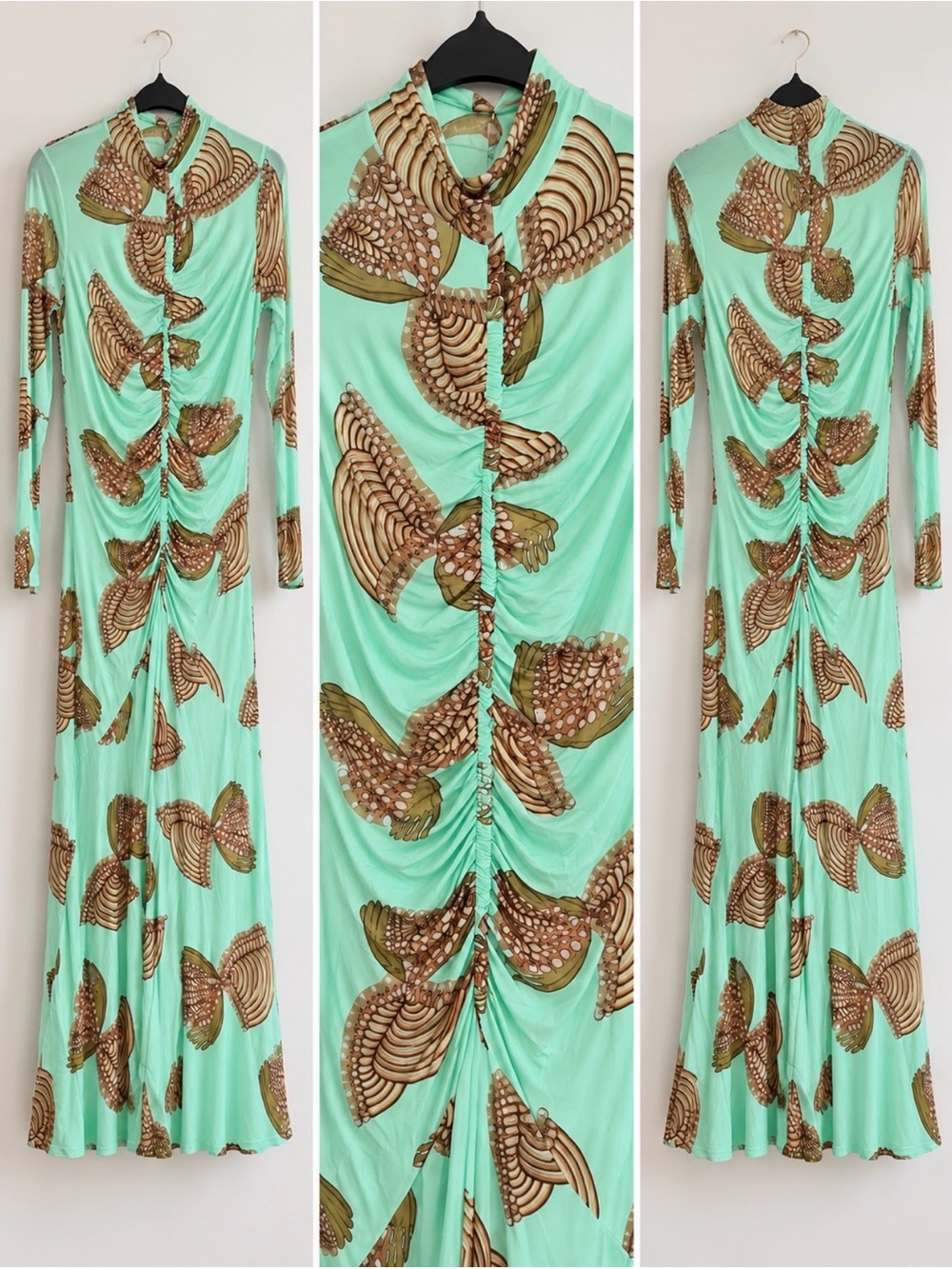 Brand new Ulla Johnson  Green Long Sleeve Ruched Maxi Dress with Brown Botanical